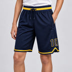 Custom Navy Authentic Throwback Basketball Shorts with Navy and Gold Lettering youth size worn by child model