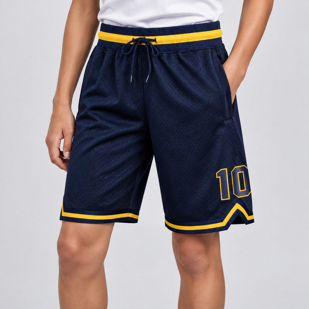 Custom Navy Authentic Throwback Basketball Shorts with Navy and Gold Lettering youth size worn by child model