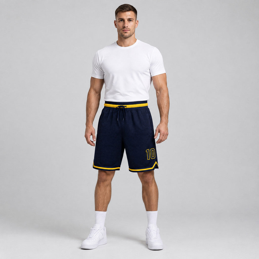 Custom Navy Authentic Throwback Basketball Shorts with Navy and Gold Lettering worn by male model