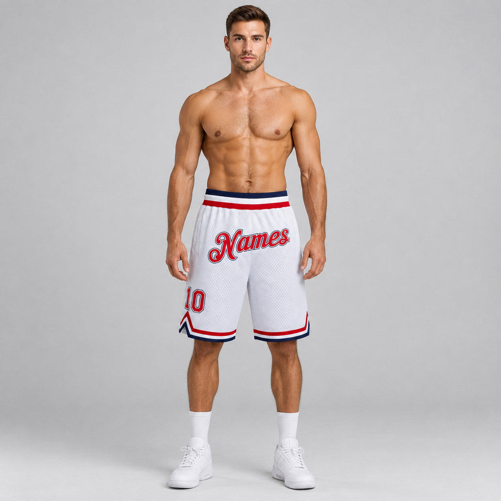 Custom White Authentic Throwback Basketball Shorts with Red and Navy Lettering worn by male model