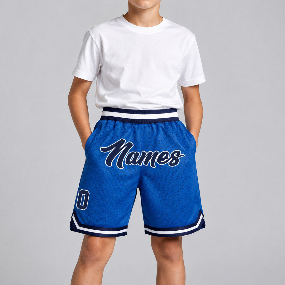 Custom Blue Authentic Throwback Basketball Shorts with Navy and White Lettering youth size worn by child model