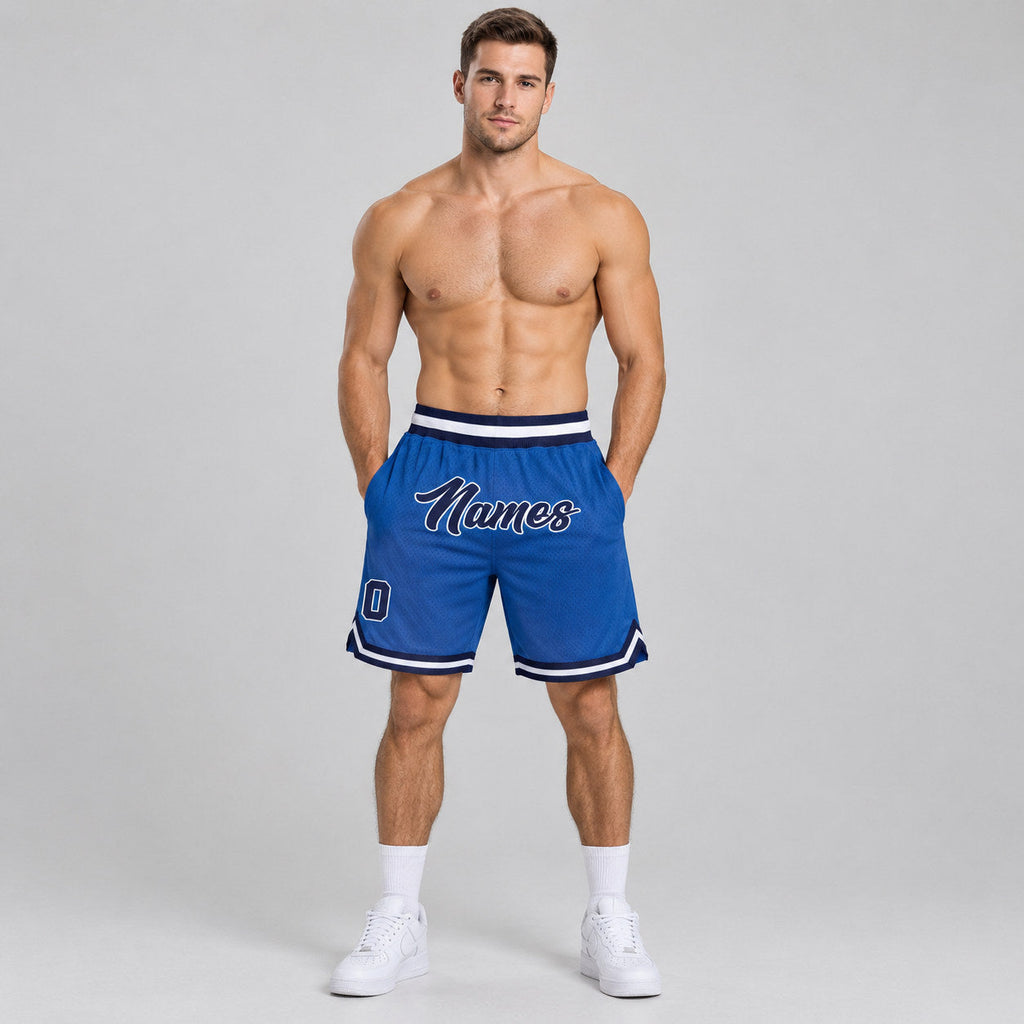 Custom Blue Authentic Throwback Basketball Shorts with Navy and White Lettering worn by male model