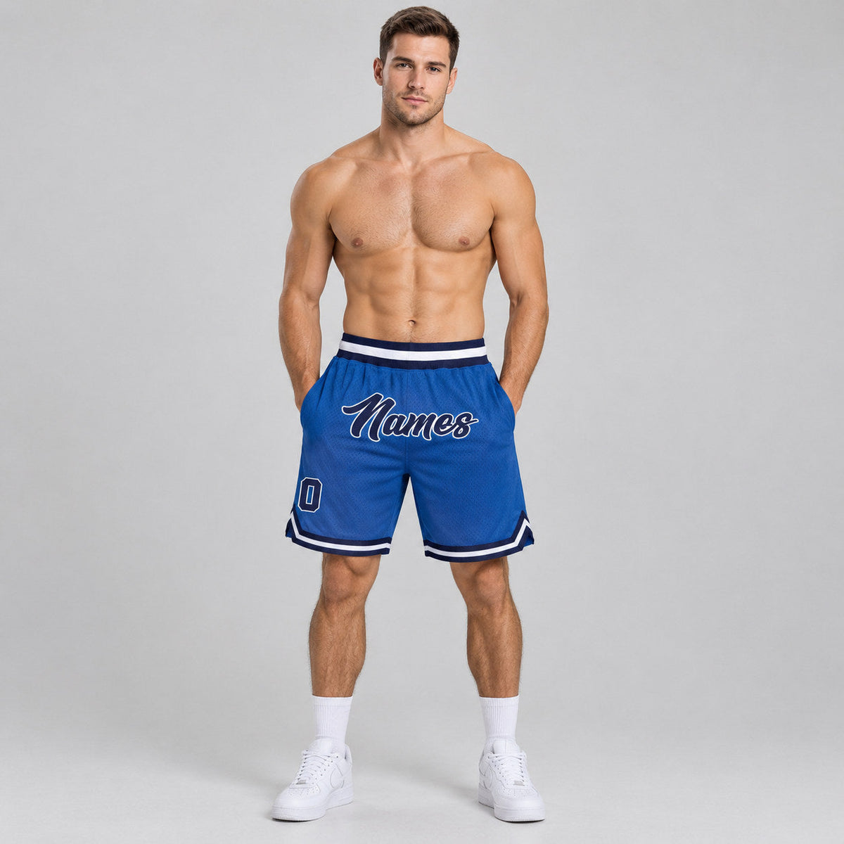 Custom Blue Authentic Throwback Basketball Shorts with Navy and White Lettering worn by male model