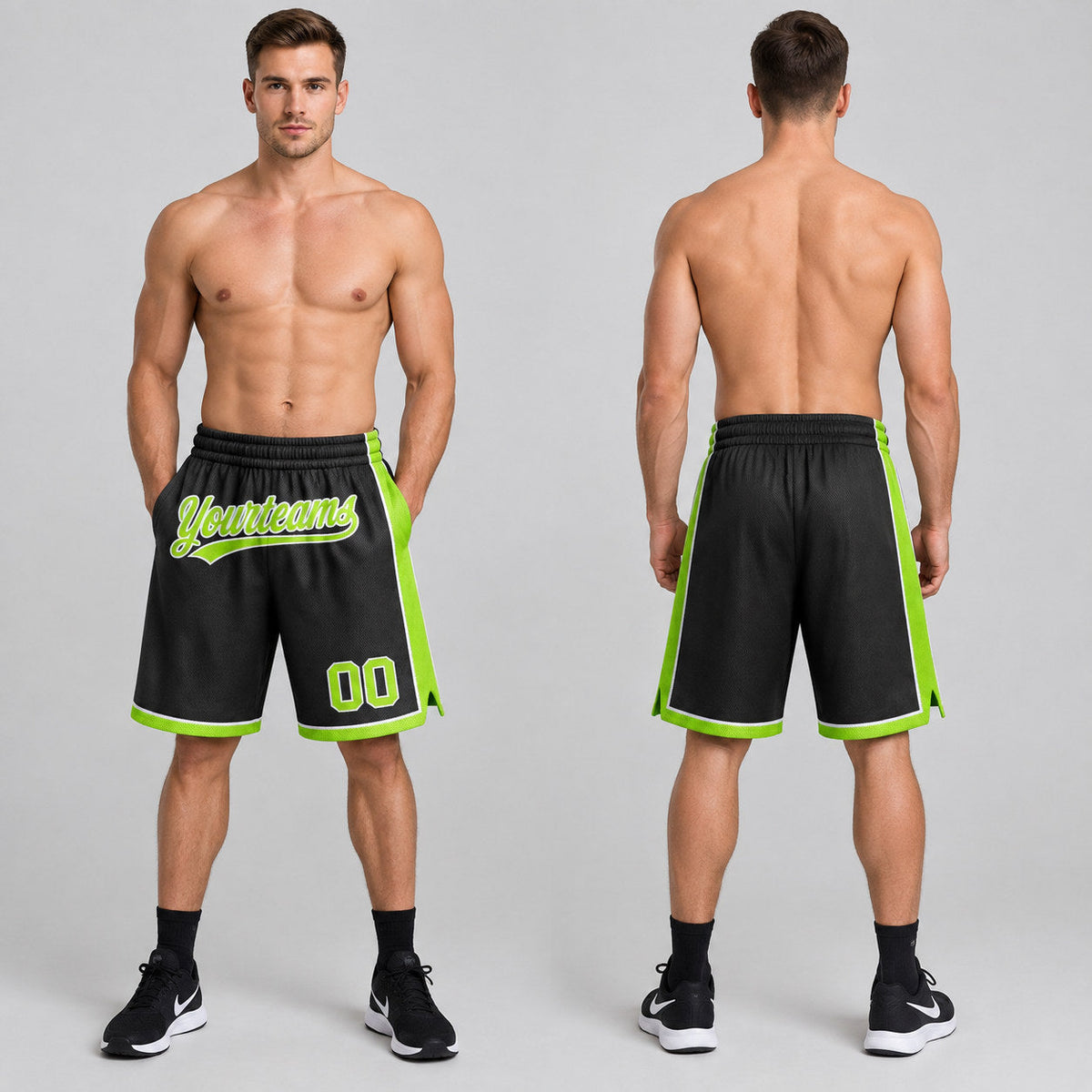 Custom Black Authentic Basketball Shorts with Neon Green and White Lettering worn by male model