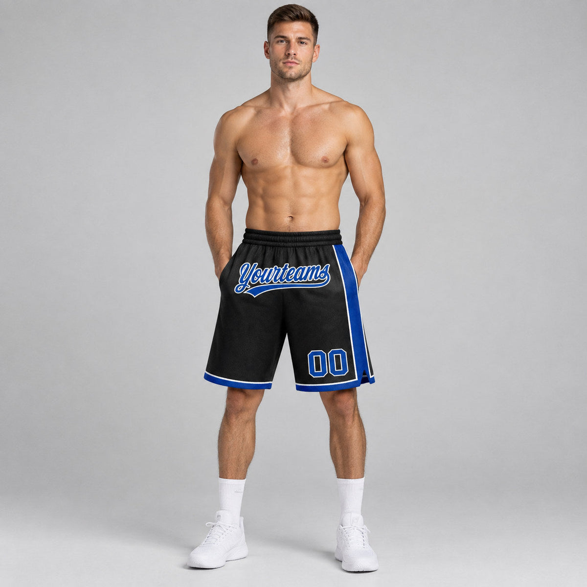 Custom Black Authentic Basketball Shorts with Royal and White Lettering worn by male model