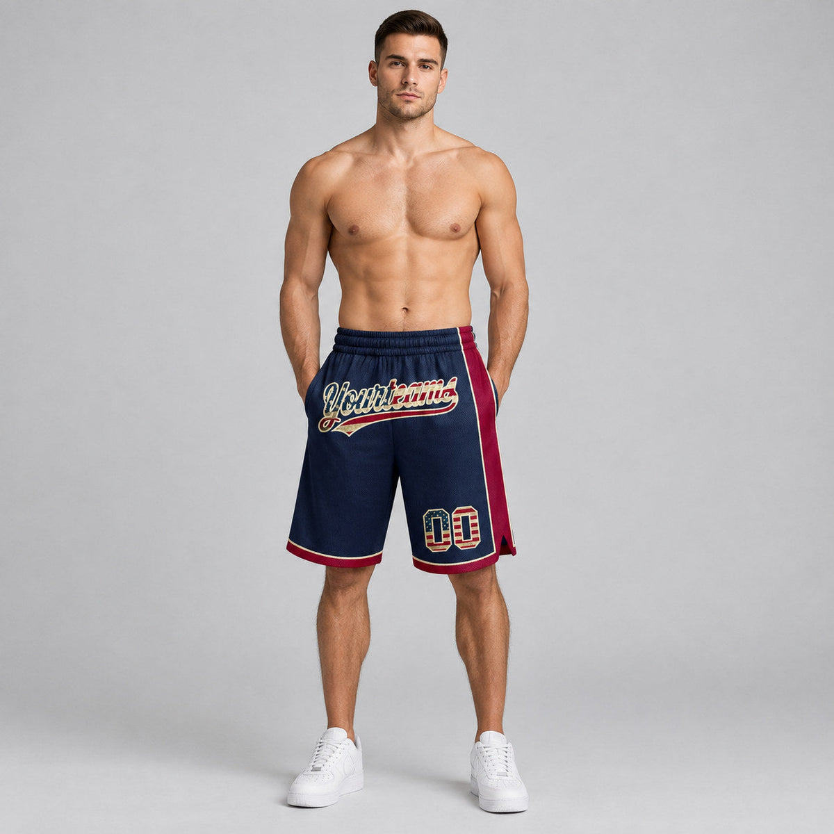 Custom Navy Vintage USA Flag Authentic Basketball Shorts with Maroon and Cream Lettering worn by male model