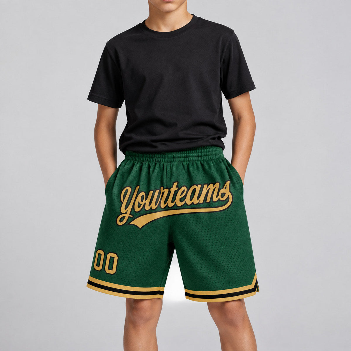 Custom Hunter Green Authentic Throwback Basketball Shorts with Old Gold and Black Lettering youth size worn by child model