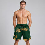 Custom Hunter Green Authentic Throwback Basketball Shorts with Old Gold and Black Lettering worn by male model