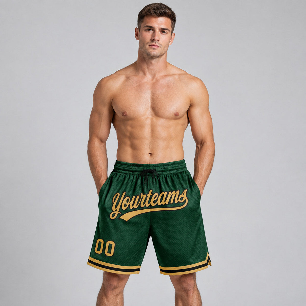 Custom Hunter Green Authentic Throwback Basketball Shorts with Old Gold and Black Lettering worn by male model
