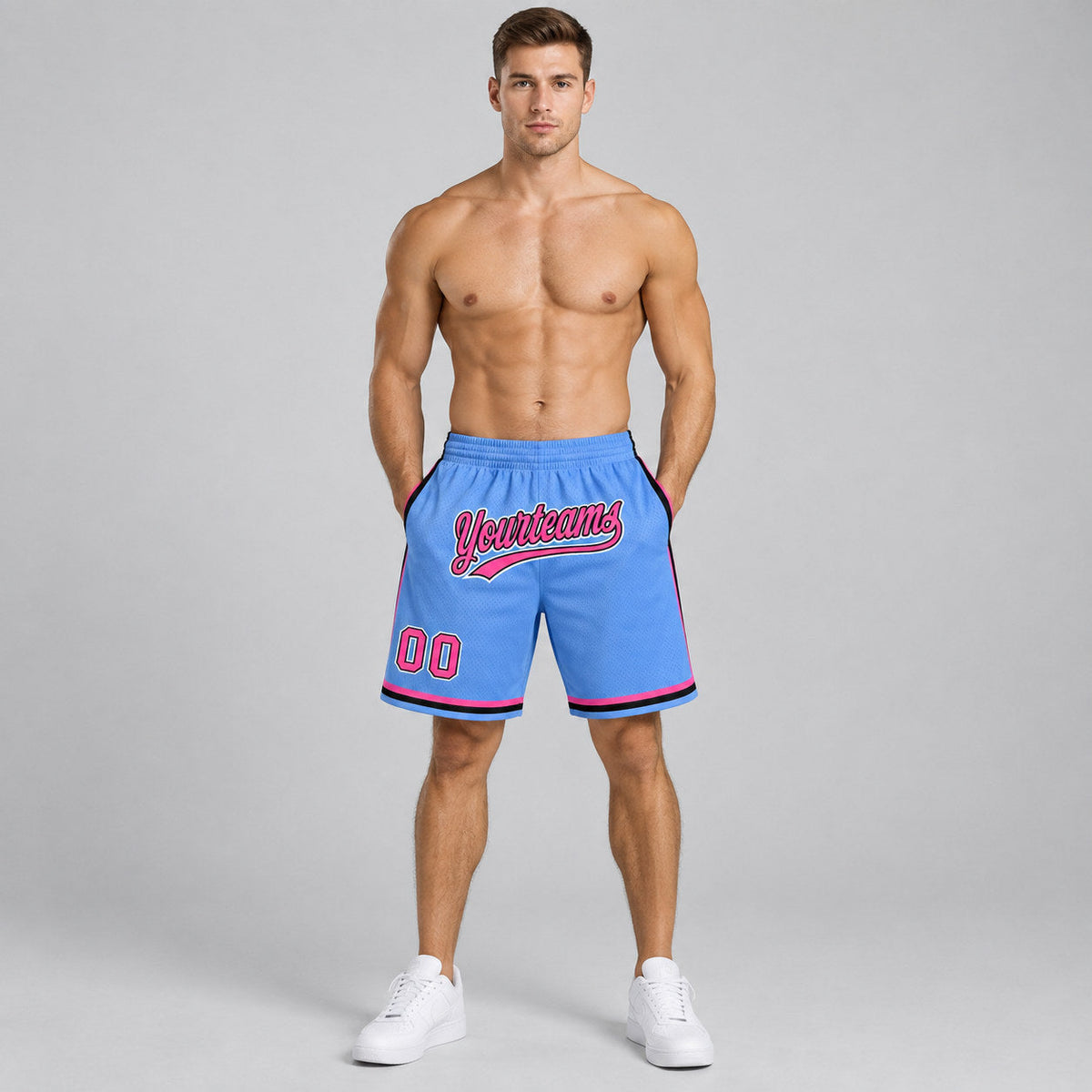 Custom Light Blue Authentic Throwback Basketball Shorts with Pink and Black Lettering Design 0422 worn by male model