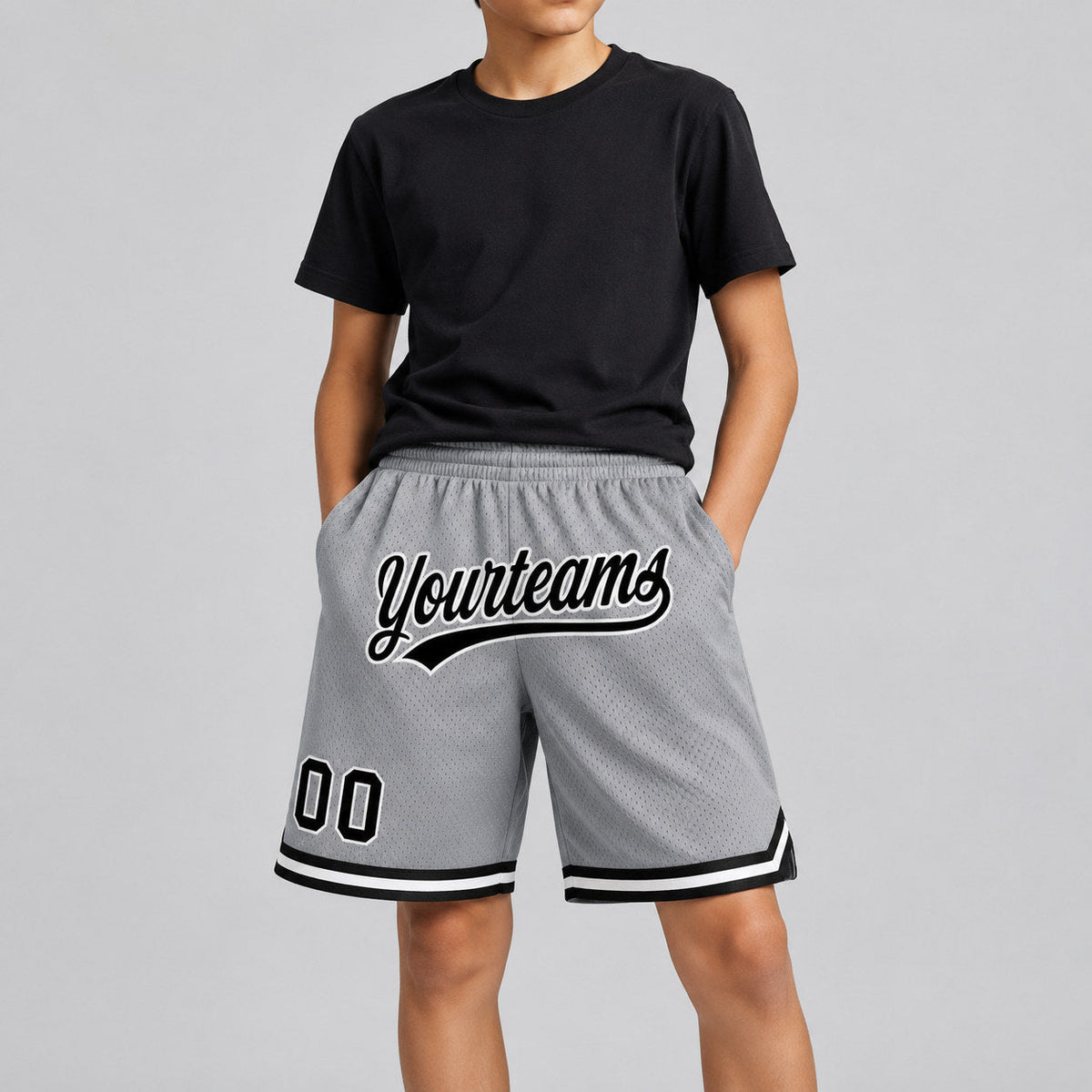 Custom Gray Authentic Throwback Basketball Shorts with Black and White Lettering Design 0463 youth size worn by child model
