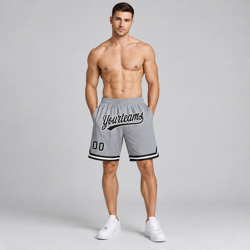 Custom Gray Authentic Throwback Basketball Shorts with Black and White Lettering Design 0463 worn by male model