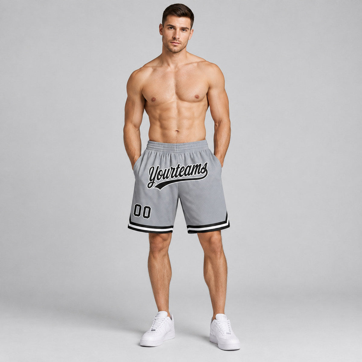 Custom Gray Authentic Throwback Basketball Shorts with Black and White Lettering Design 0463 worn by male model