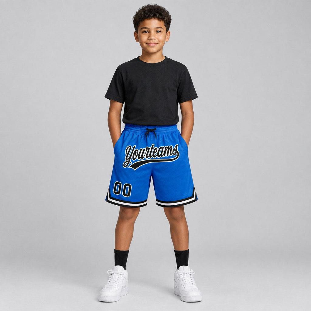 Custom Blue Authentic Throwback Basketball Shorts with Black and White Lettering Design 0109 youth size worn by child model