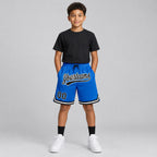 Custom Blue Authentic Throwback Basketball Shorts with Black and White Lettering Design 0109 youth size worn by child model