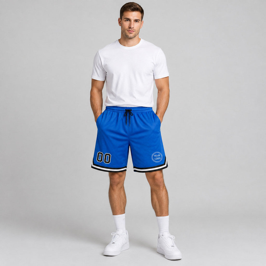 Custom Blue Authentic Throwback Basketball Shorts with Black and White Lettering Design 0109 worn by male model