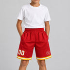 Custom Red Authentic Throwback Basketball Shorts with White and Gold Lettering Design 0580 youth size worn by child model