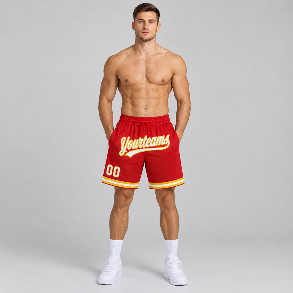 Custom Red Authentic Throwback Basketball Shorts with White and Gold Lettering Design 0580 worn by male model
