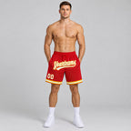 Custom Red Authentic Throwback Basketball Shorts with White and Gold Lettering Design 0580 worn by male model