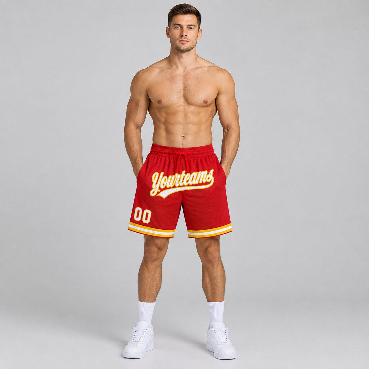 Custom Red Authentic Throwback Basketball Shorts with White and Gold Lettering Design 0580 worn by male model