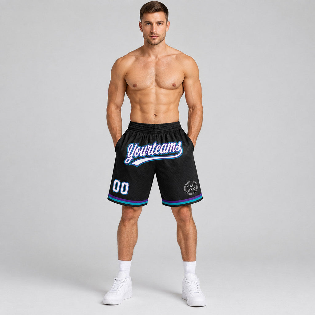 Custom Black and White Authentic Throwback Basketball Shorts with Purple and Teal Lettering worn by male model