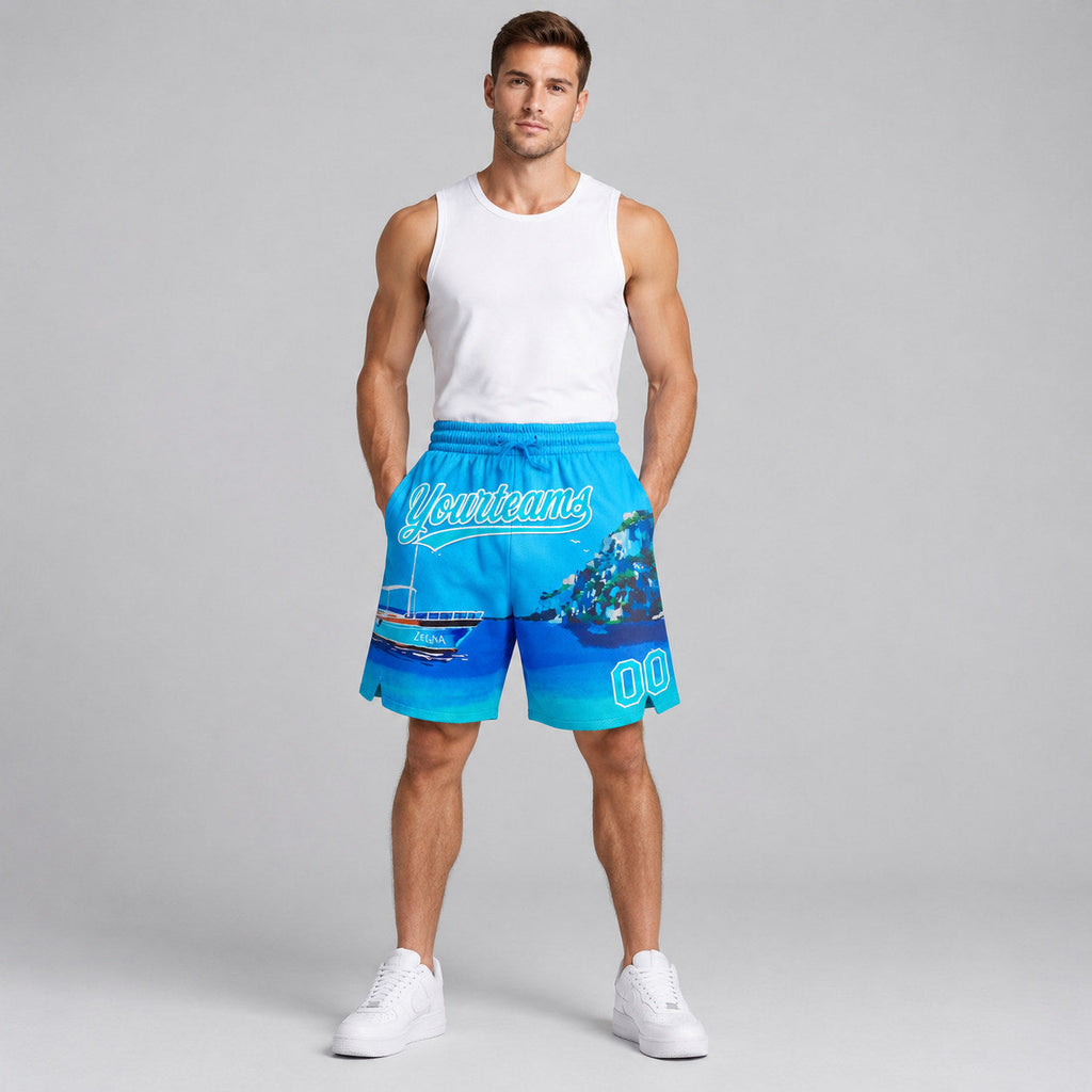 Custom Light Blue Hawaii Beach Island Basketball Shorts with Lakes Blue and White Lettering worn by male model