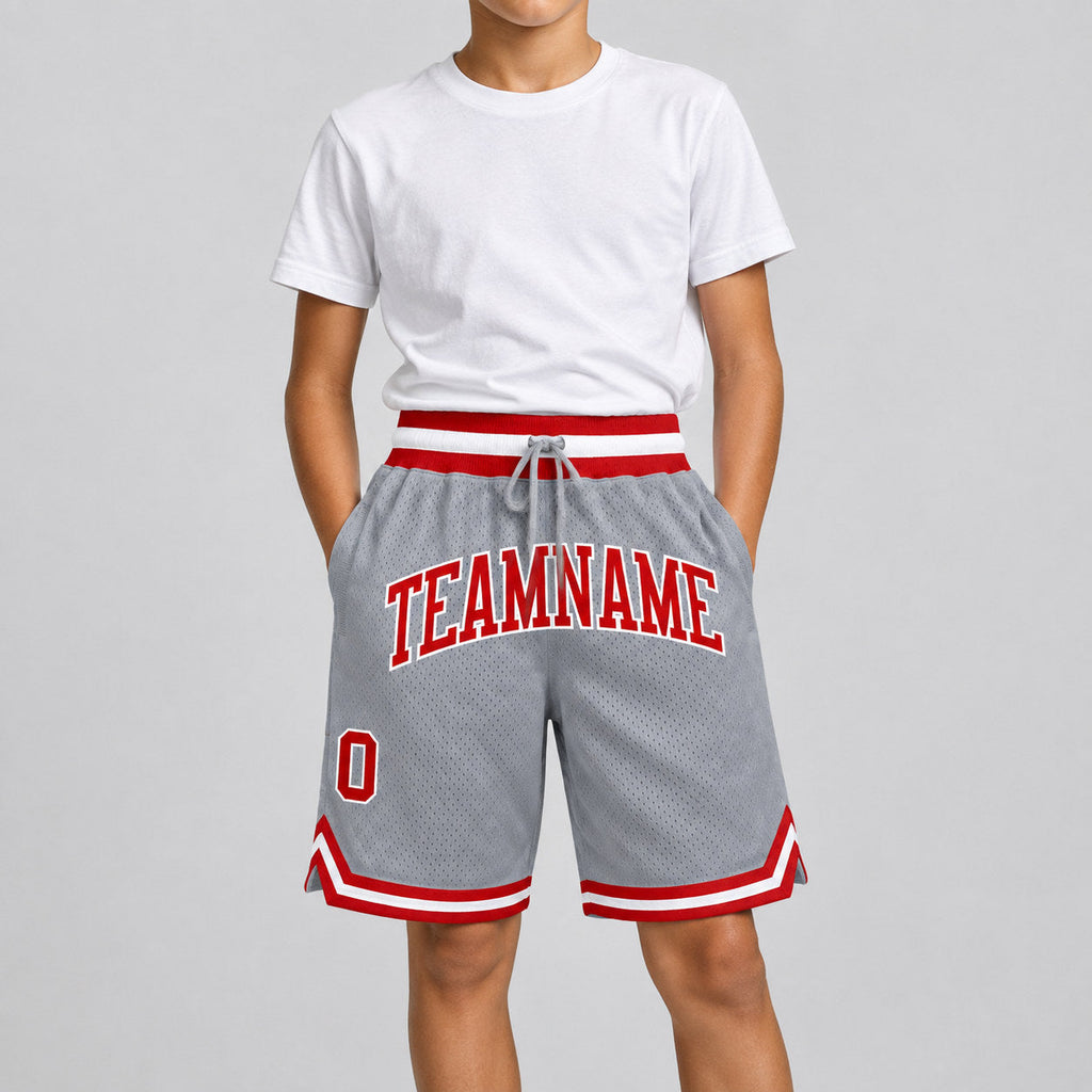 Custom Gray Authentic Throwback Basketball Shorts with Red and White Lettering Design 0094 youth size worn by child model