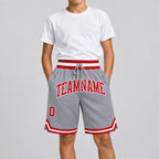 Custom Gray Authentic Throwback Basketball Shorts with Red and White Lettering Design 0094 youth size worn by child model