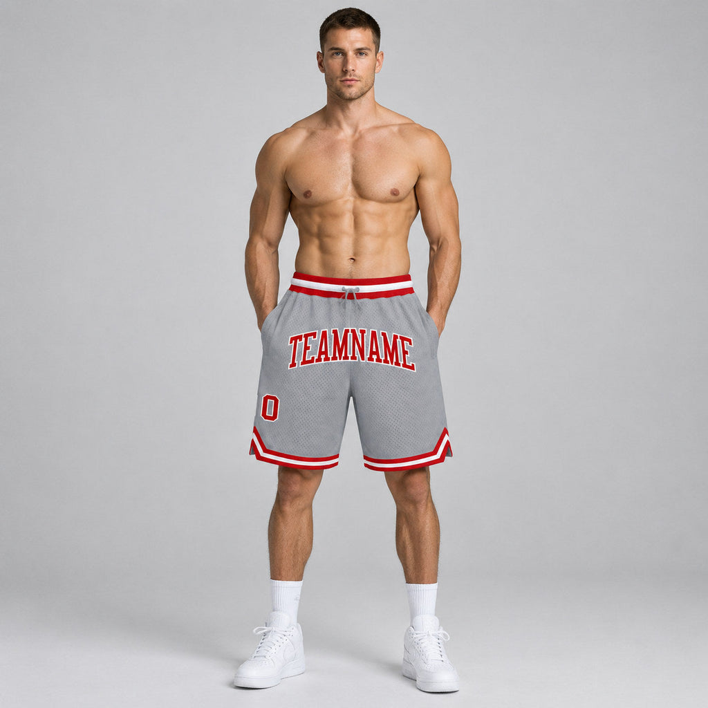 Custom Gray Authentic Throwback Basketball Shorts with Red and White Lettering Design 0094 worn by male model