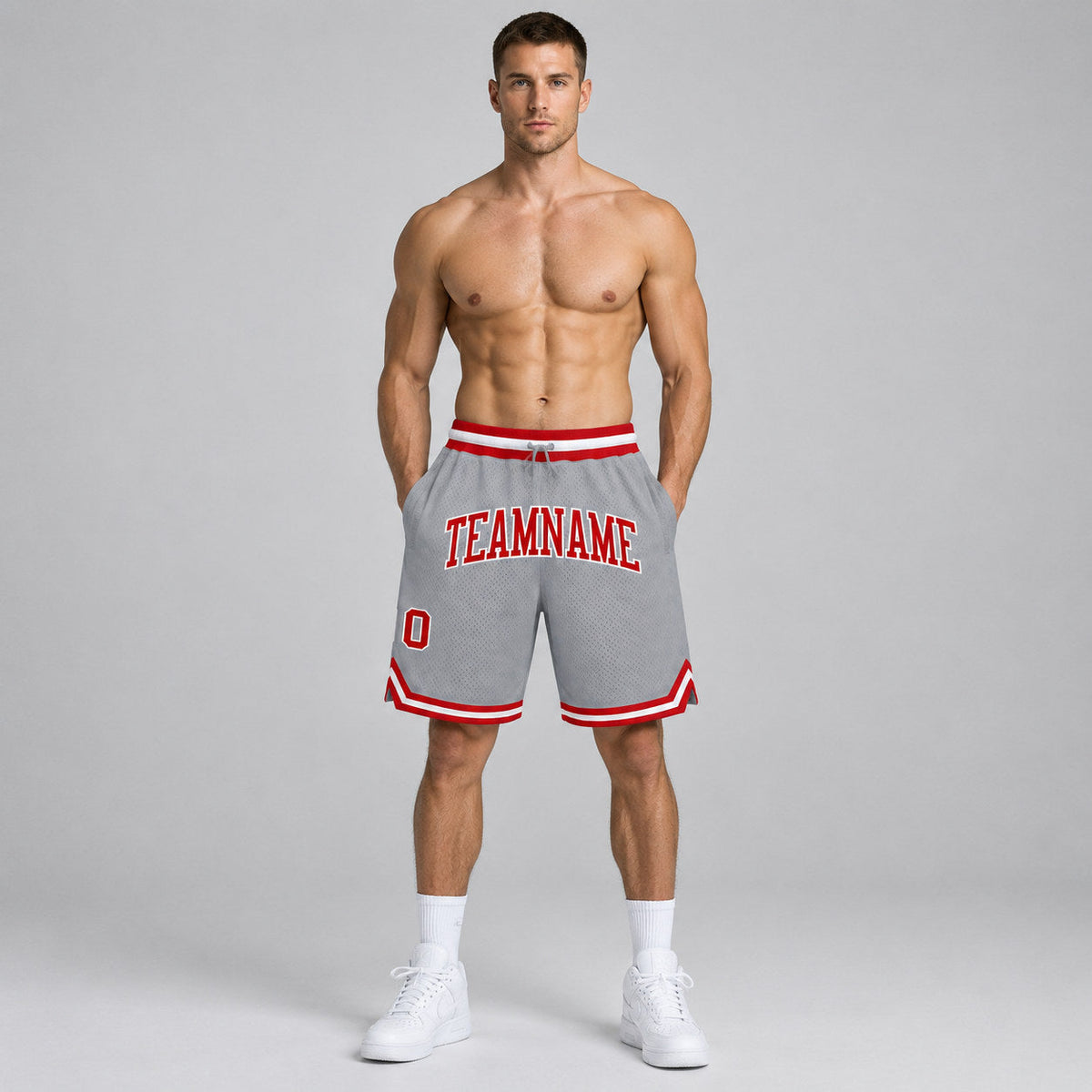 Custom Gray Authentic Throwback Basketball Shorts with Red and White Lettering Design 0094 worn by male model