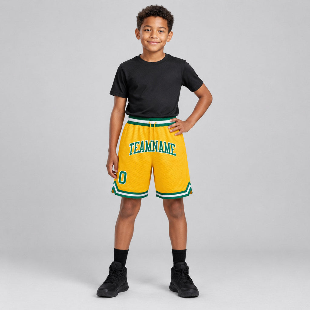 Custom Gold Authentic Throwback Basketball Shorts with Kelly Green and White Lettering Design 0338 youth size worn by child model