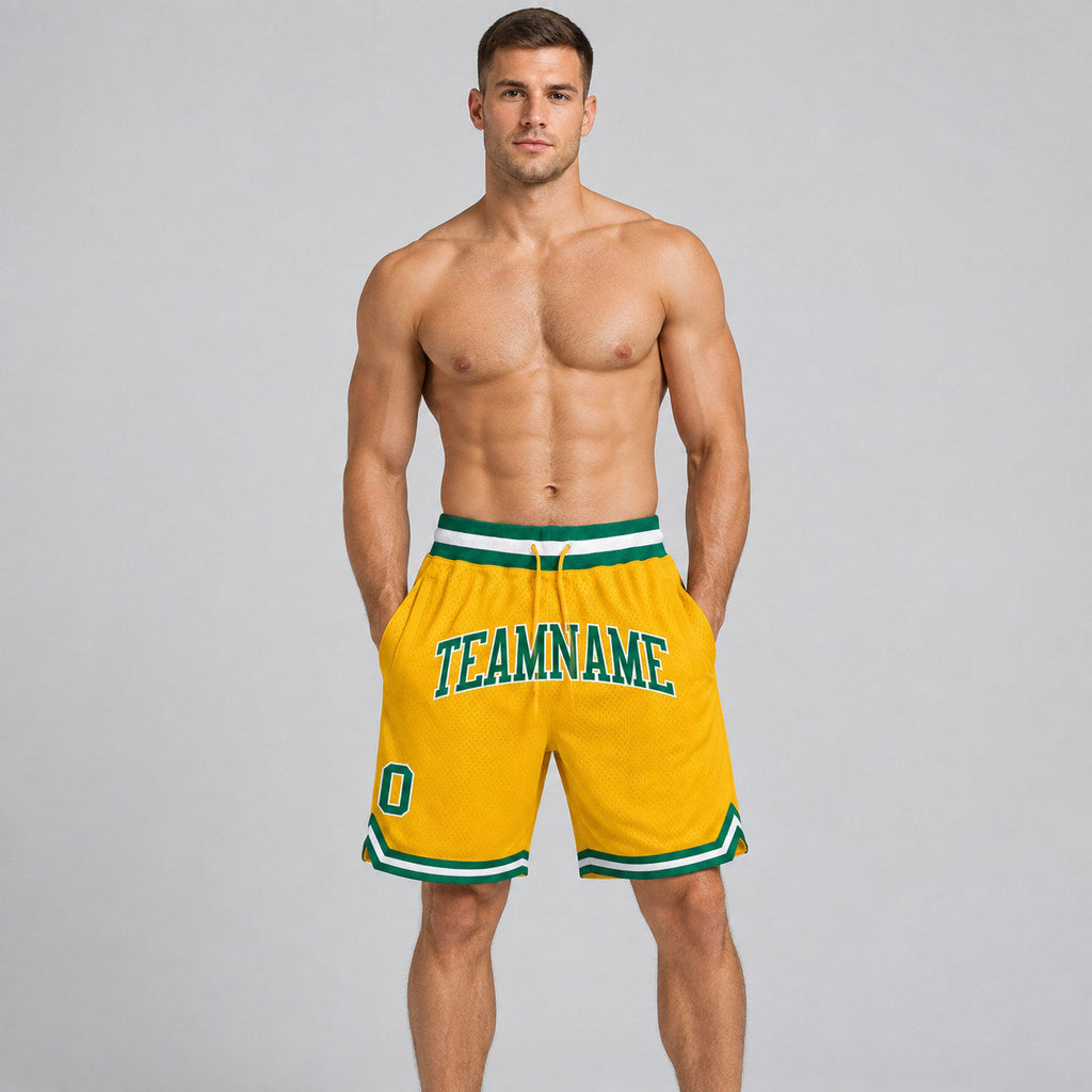 Custom Gold Authentic Throwback Basketball Shorts with Kelly Green and White Lettering Design 0338 worn by male model