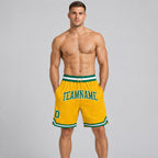 Custom Gold Authentic Throwback Basketball Shorts with Kelly Green and White Lettering Design 0338 worn by male model