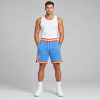 Custom Light Blue Authentic Throwback Basketball Shorts with Orange and White Lettering worn by male model