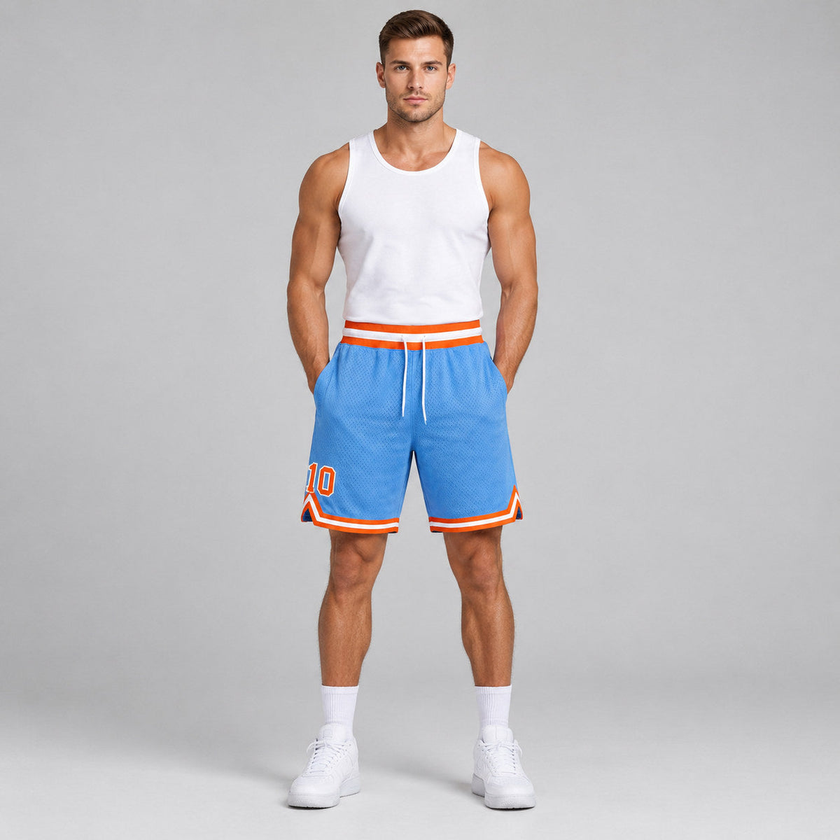 Custom Light Blue Authentic Throwback Basketball Shorts with Orange and White Lettering worn by male model