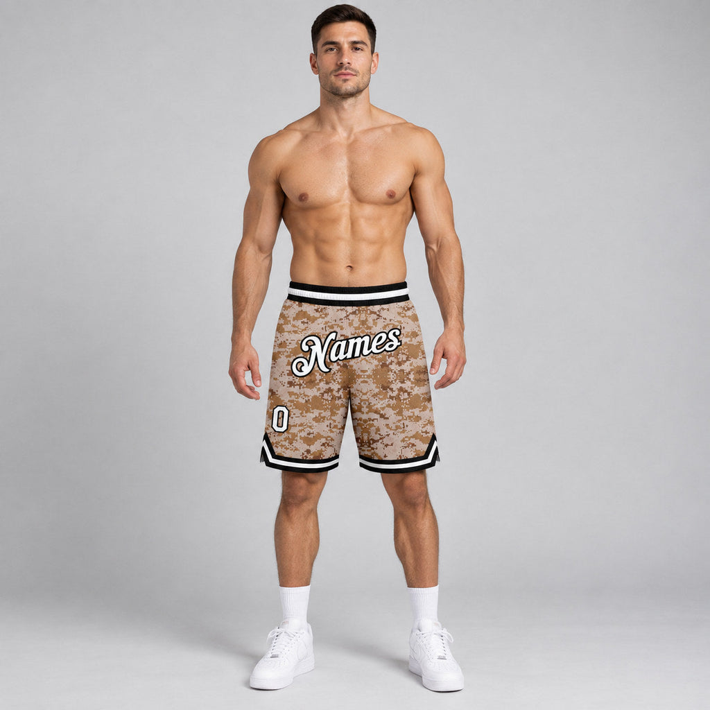 Custom White and Black Camo Salute To Service Authentic Basketball Shorts worn by male model
