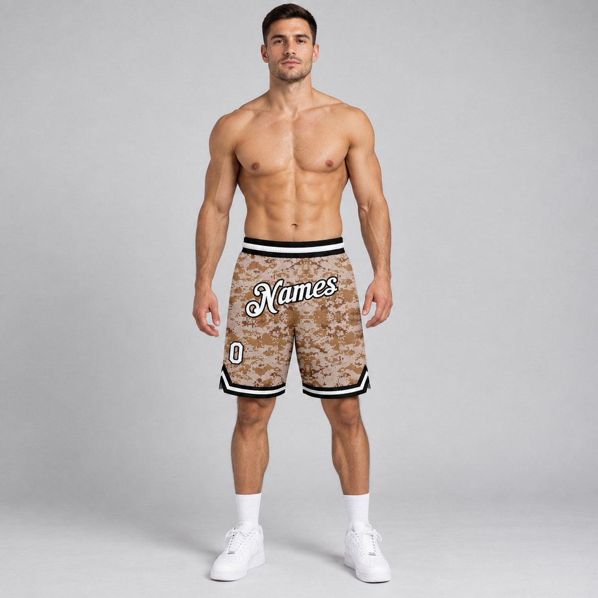 Custom White and Black Camo Salute To Service Authentic Basketball Shorts worn by male model