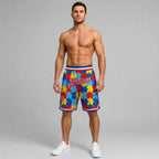 Custom Black Autism Supporter Awareness Authentic Basketball Shorts with Red and Royal Lettering worn by male model