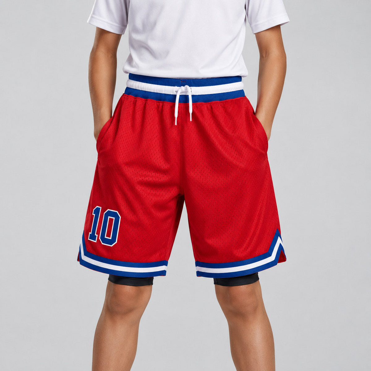 Custom Red Authentic Throwback Basketball Shorts with Royal and White Lettering Design 0550 youth size worn by child model
