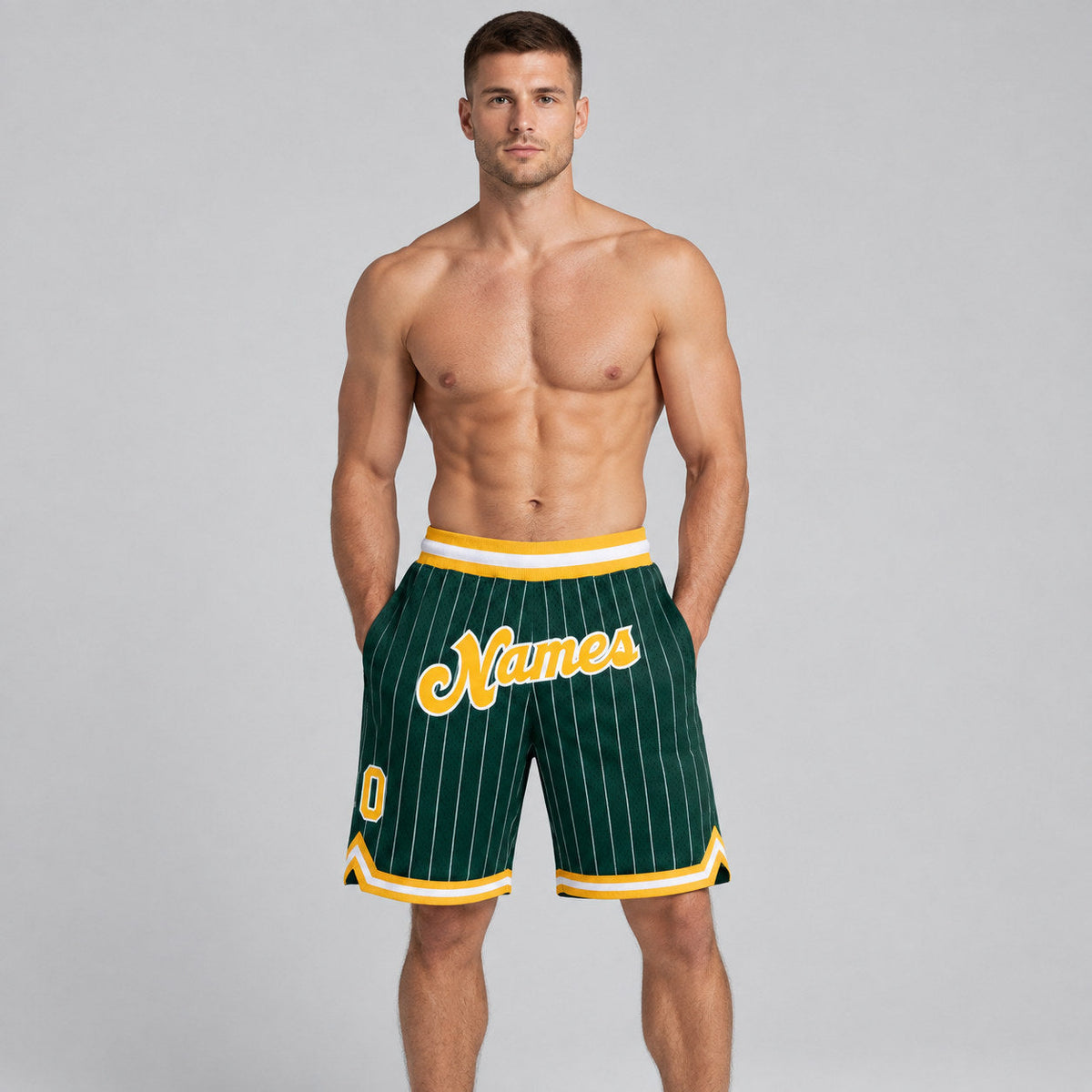Custom Hunter Green and White Pinstripe Authentic Basketball Shorts with Gold and White Lettering worn by male model