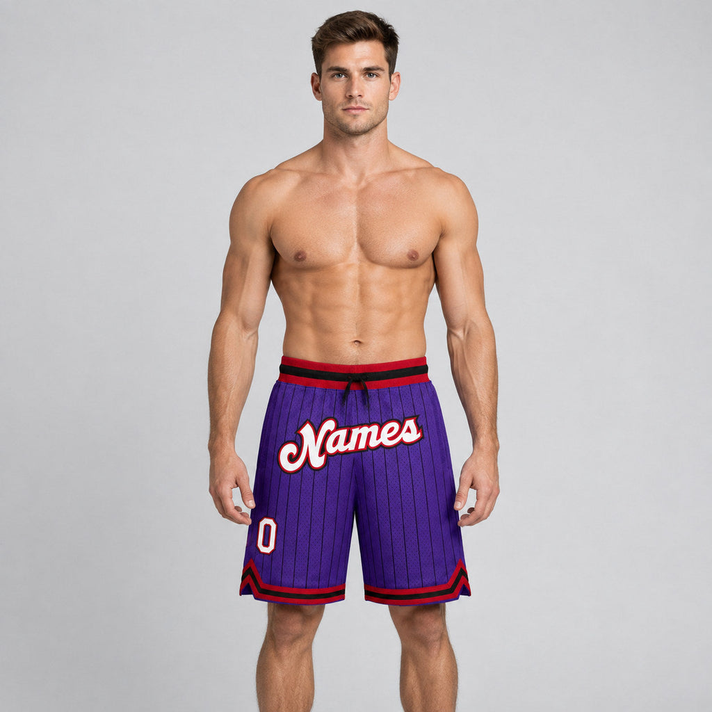 Custom Purple and Black Pinstripe Authentic Basketball Shorts with White and Red Lettering worn by male model