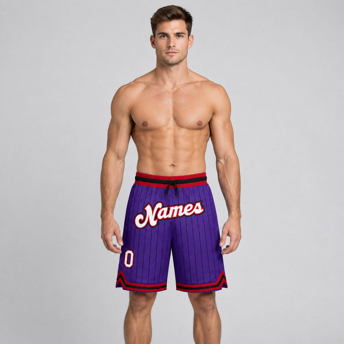 Custom Purple and Black Pinstripe Authentic Basketball Shorts with White and Red Lettering worn by male model