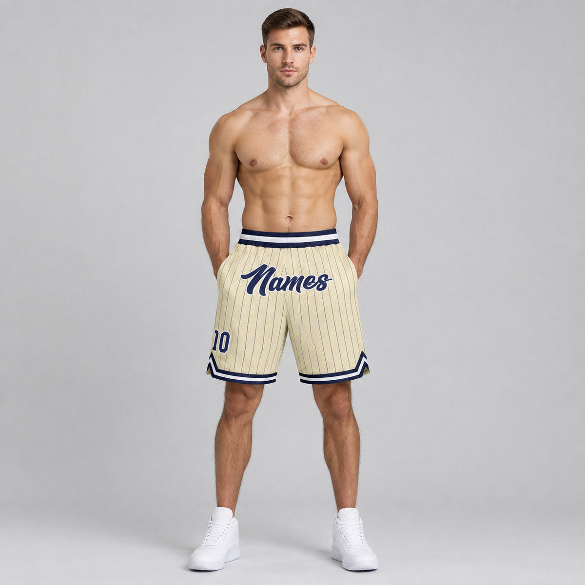 Custom Cream and Navy Pinstripe Authentic Basketball Shorts with Navy and White Lettering worn by male model