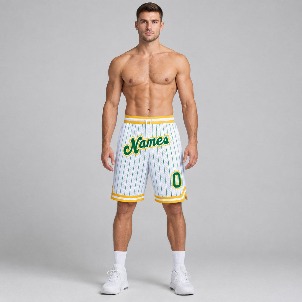 Custom White and Kelly Green Basketball Shorts with Kelly Green and Gold Lettering worn by male model