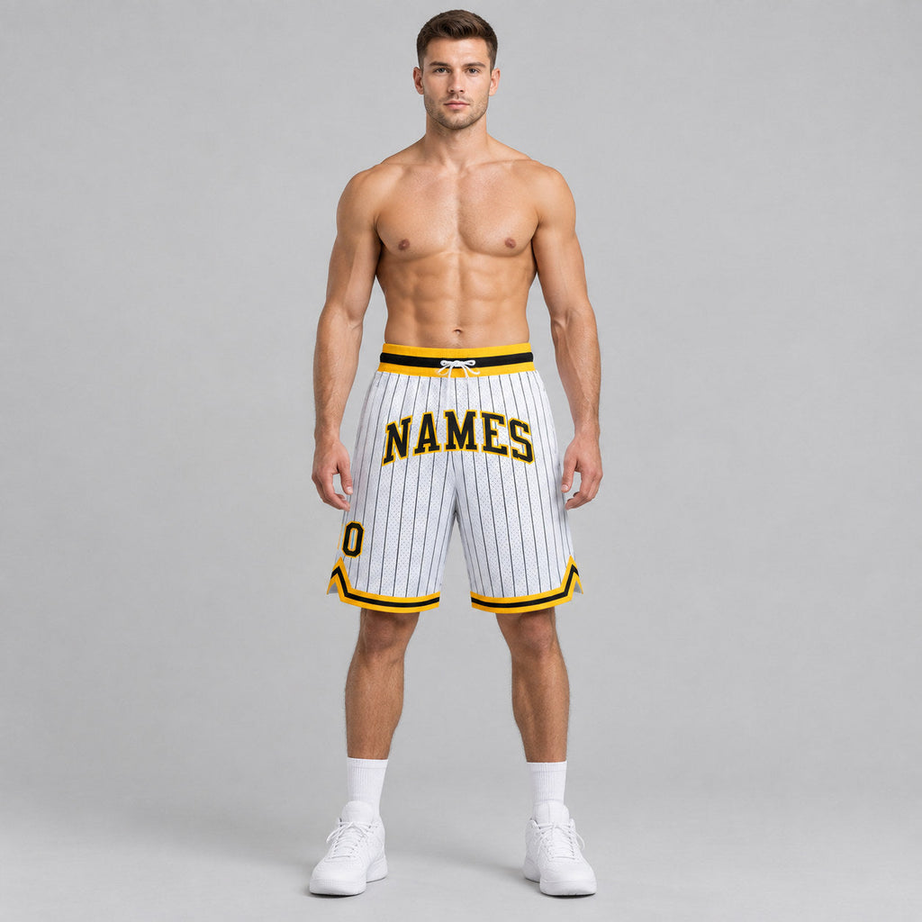 Custom White and Black Pinstripe Authentic Basketball Shorts with Black and Gold Lettering worn by male model