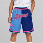 Custom Light Blue Authentic Throwback Basketball Shorts with Pink and Royal Lettering youth size worn by child model