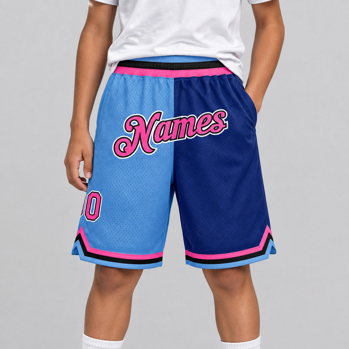 Custom Light Blue Authentic Throwback Basketball Shorts with Pink and Royal Lettering youth size worn by child model