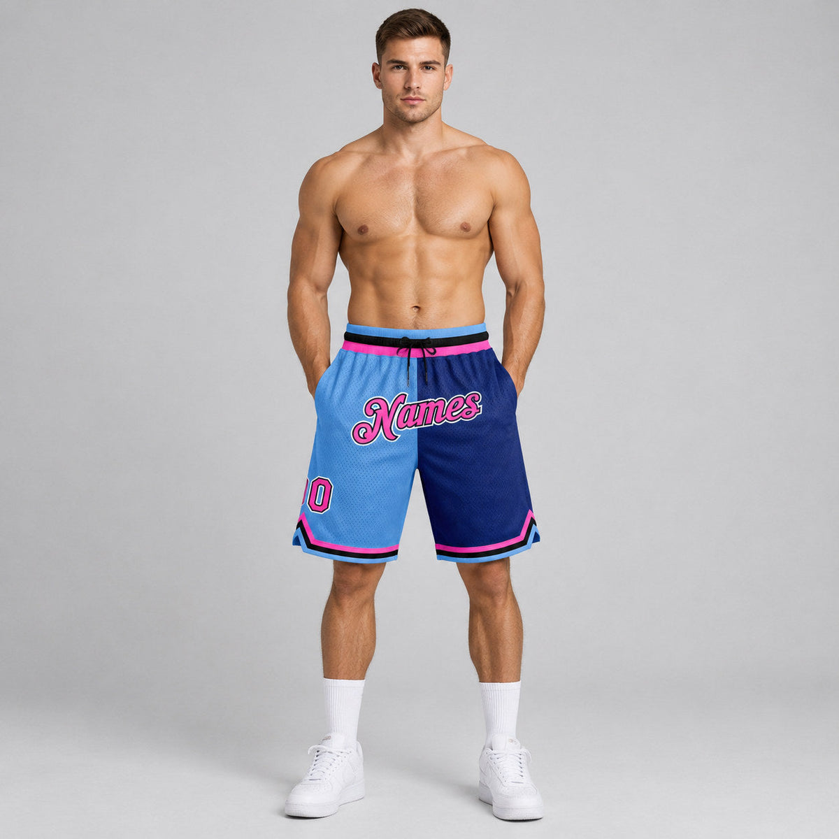 Custom Light Blue Authentic Throwback Basketball Shorts with Pink and Royal Lettering worn by male model