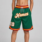 Custom Kelly Green Authentic Throwback Basketball Shorts with White and Gold Lettering Design 0105 youth size worn by child model