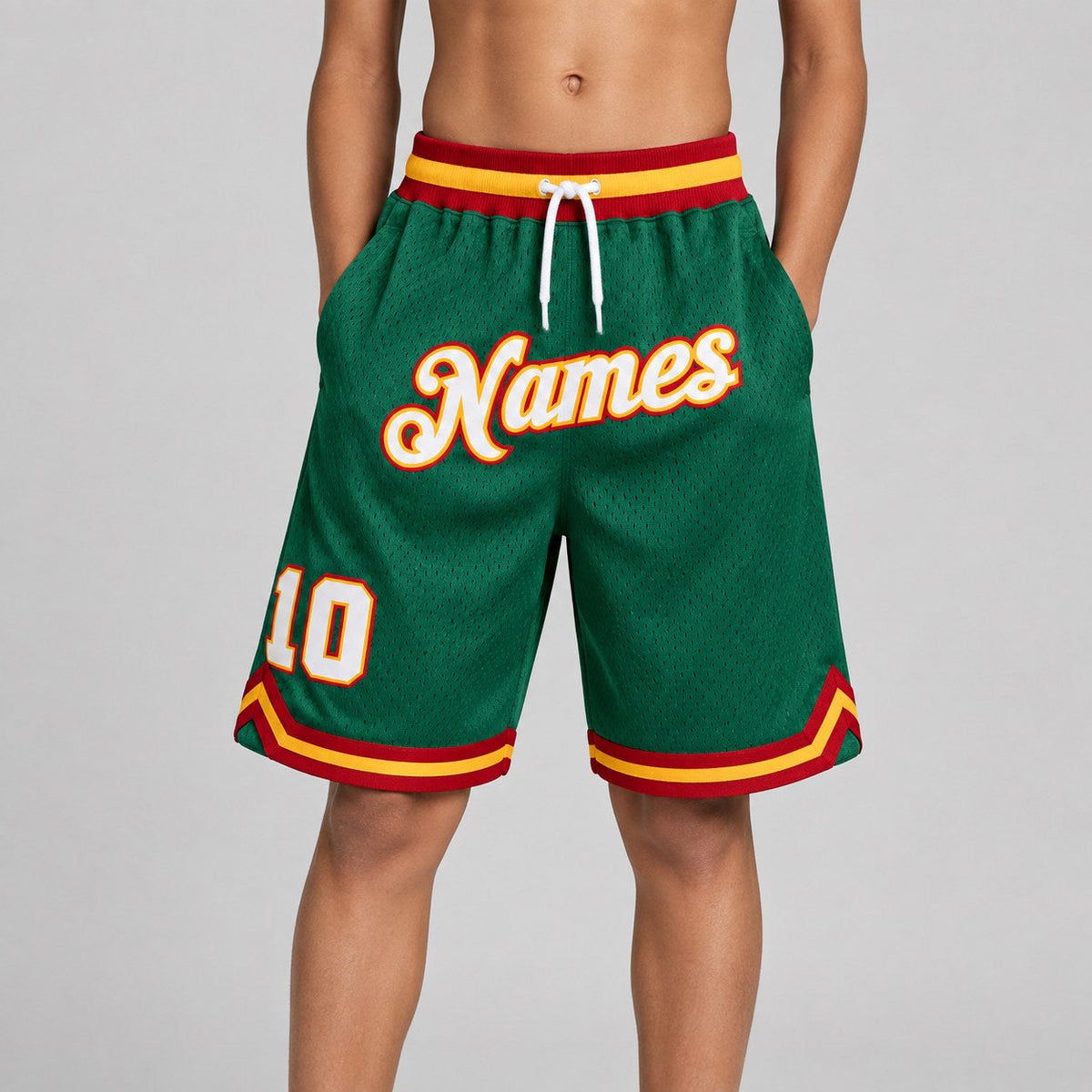 Custom Kelly Green Authentic Throwback Basketball Shorts with White and Gold Lettering Design 0105 youth size worn by child model